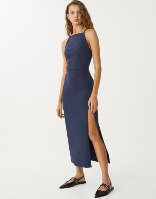 Stradivarius midi halter dress in navy blue - view 1