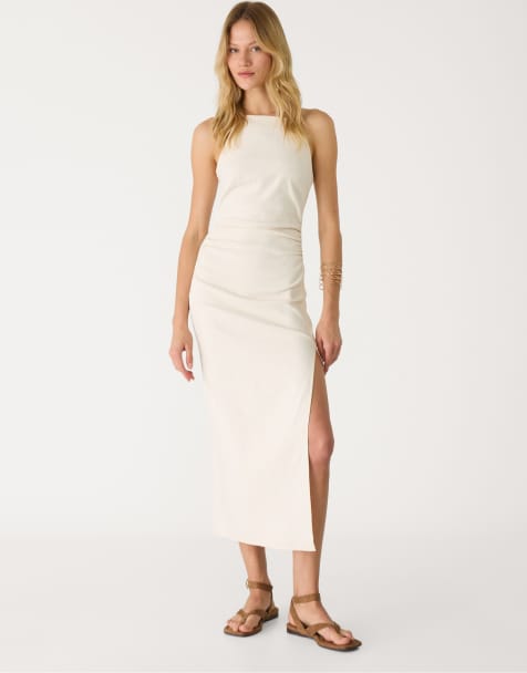 Stradivarius midi halter dress in stone - view 1