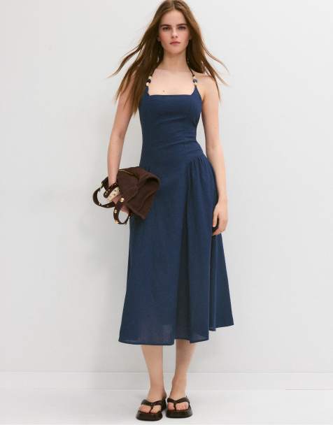 Stradivarius Midi halter dress with bead detail in navy blue