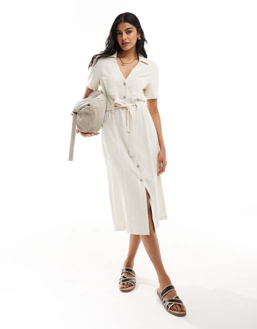 Stradivarius – Midi-Hemdblusenkleid in naturfarbener Leinenoptik 