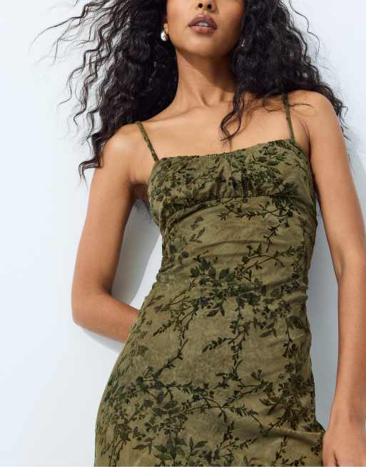 Stradivarius midi-jurk met bandjes en flockprint in kaki, 2 van 7