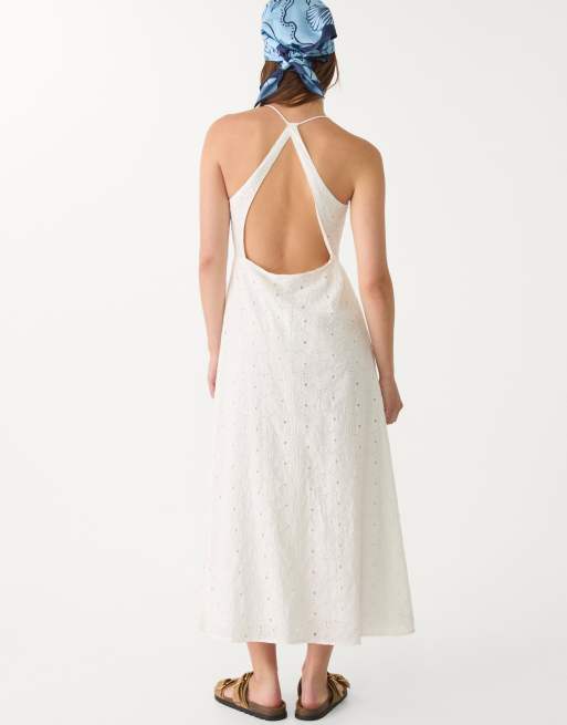 Stradivarius - Midi jurk met borduursels in wit, 2 van 3