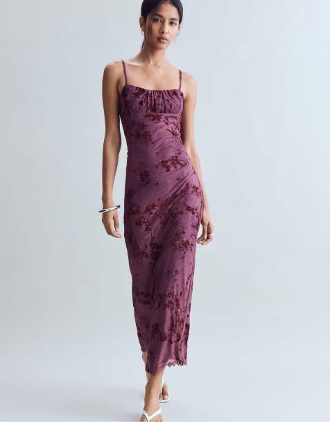 Stradivarius midi-jurk met flocked bandjes in paars - view 1