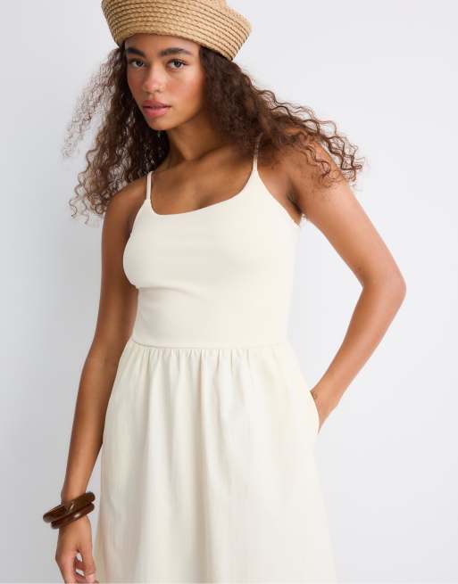 Stradivarius - Midi jurk met twee materialen en bandjes in ecru, 3 van 4