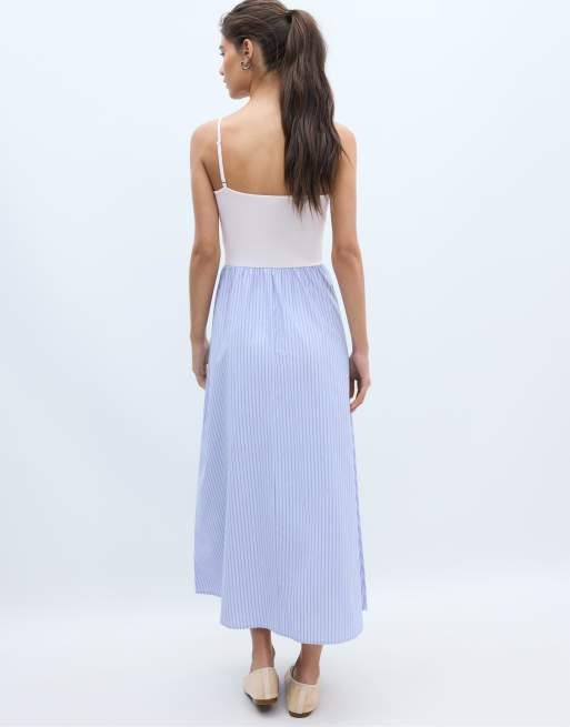 Stradivarius - Midi jurk met twee materialen en bandjes in hemelsblauw, 4 van 4