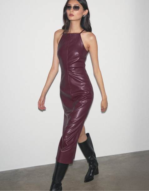 Stradivarius - Midi-jurk van imitatieleer in paars - view 1