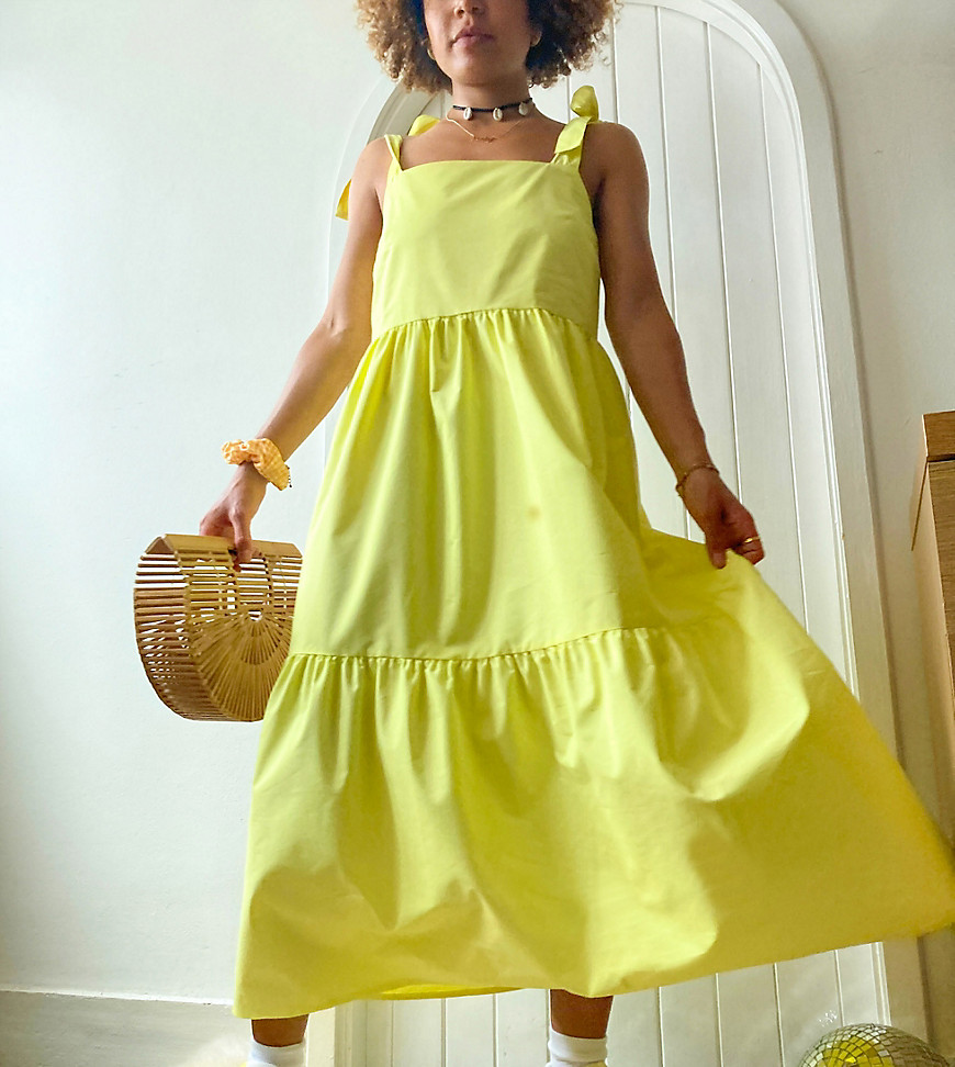 Stradivarius - Midi jurk van popeline met stroken en strikbanden in geel