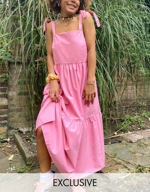 Stradivarius - Midi jurk van poplin met stroken en strikbandjes in roze