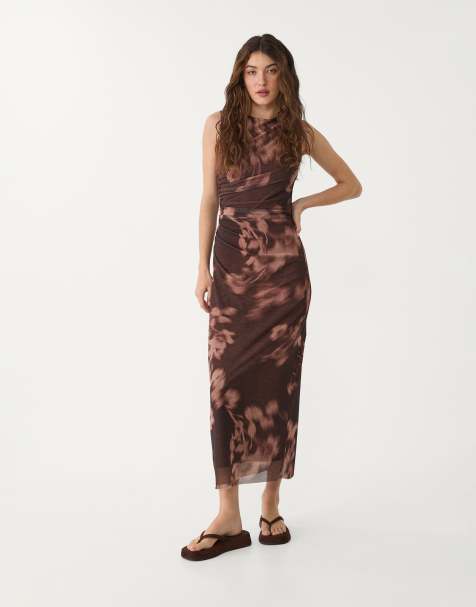 Stradivarius - Midi jurk van tule met print in bruin - view 1