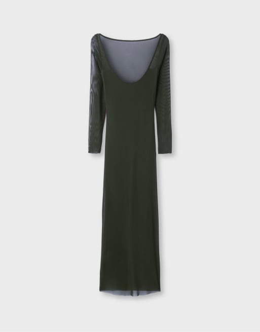 Stradivarius midi-klänning med öppen rygg i khaki, 7 av 7