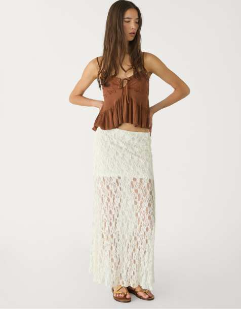 Stradivarius midi lace skirt with pleats in vanilla