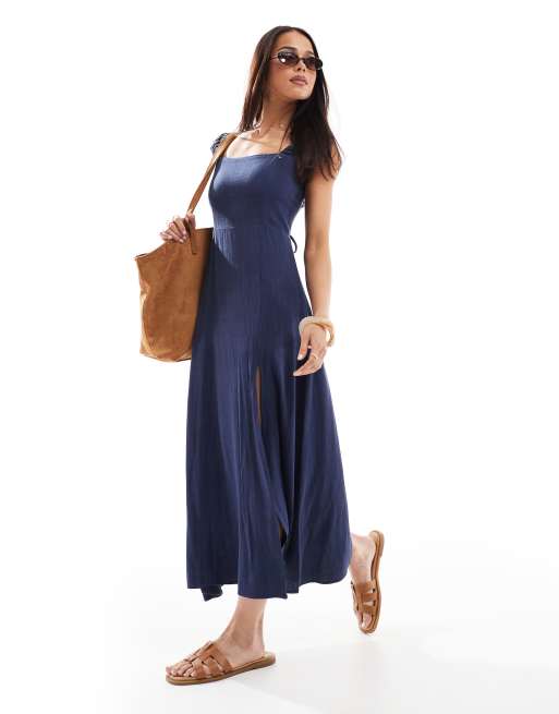 Stradivarius - Midi melkmeisjesjurk met split in blauw