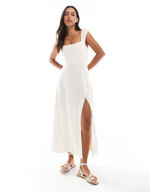 Stradivarius – Midi-Milchmädchenkleid in Beige mit Schlitz