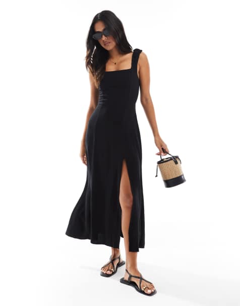Stradivarius – Midi-Milchmädchenkleid in Schwarz mit Schlitz - view 1