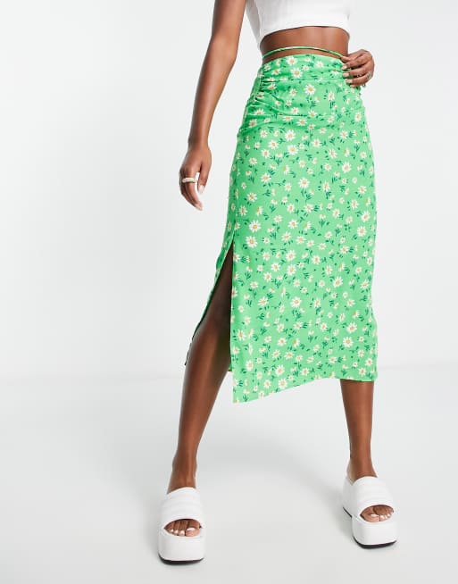 Stradivarius - Midi rok in groen met bloemenprint