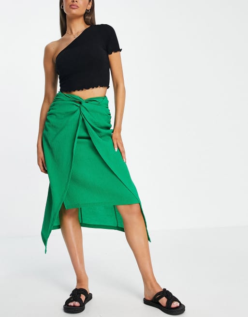 Stradivarius - Midi-rok met geknoopte voorkant in groen 