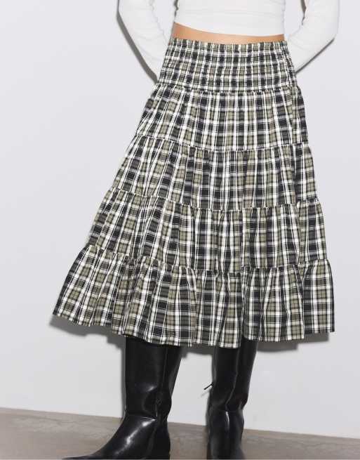 Stradivarius midi rok met geruite print in bruin, 2 van 7