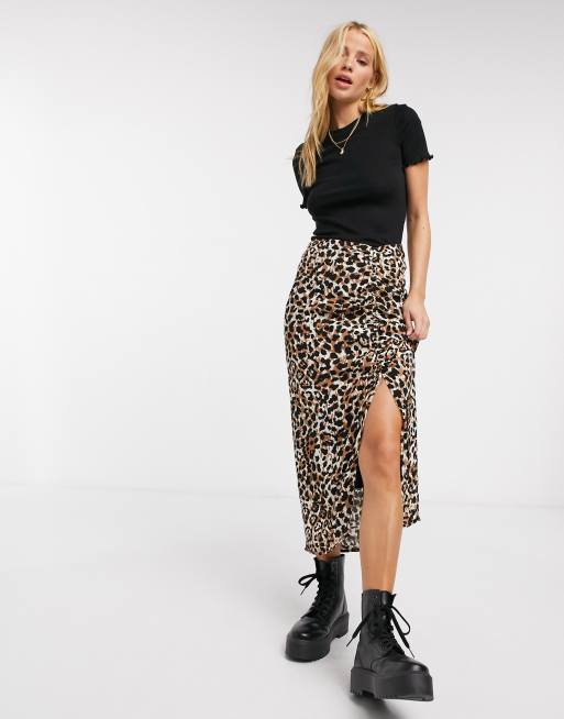 Stradivarius Midi rok met ruches in luipaardprint