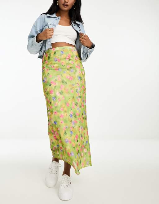 Stradivarius - Midi-rok van mesh in geel met print