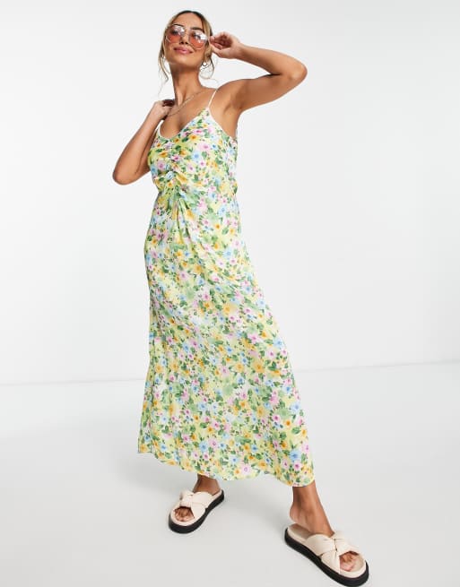 Stradivarius – Midi-Schlupfkleid aus Satin mit Blumenmuster 