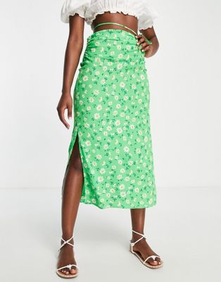 Stradivarius midi skirt in green floral print