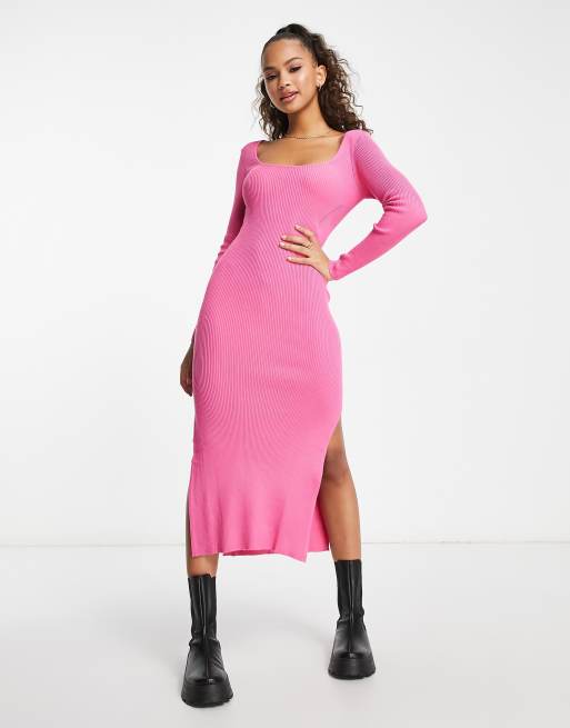 Stradivarius – Midi-Strickkleid in Pink mit eckigem Ausschnitt