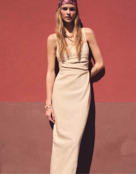 Stradivarius – Midikleid aus Leinenmix in Steinbeige mit Rückenausschnitt - view 1