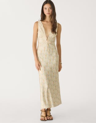 Stradivarius - Midikleid aus Satin und Spitze in Gold-Gelb