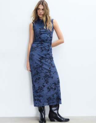 Stradivarius - Midikleid aus Tüll in Marineblau mit Qipao-Stehkragen