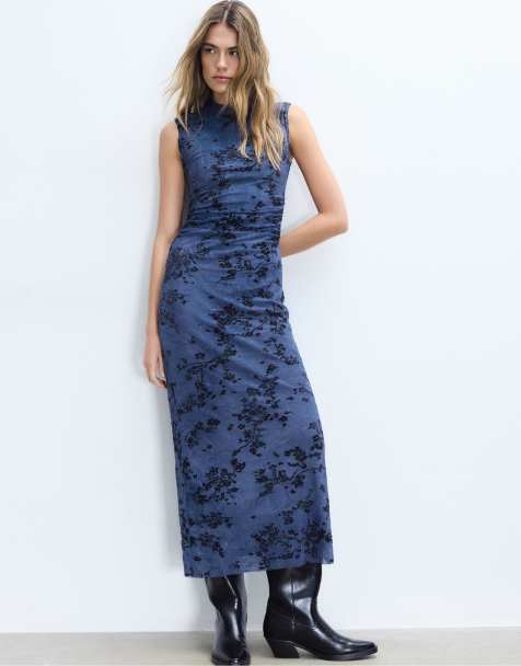 Stradivarius – Midikleid aus Tüll in Marineblau mit Qipao-Stehkragen - view 1