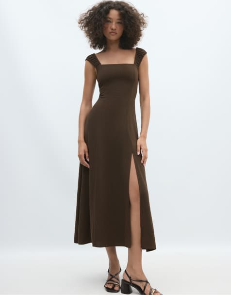Stradivarius – Midikleid in Braun mit gebundener Rückseite - view 1