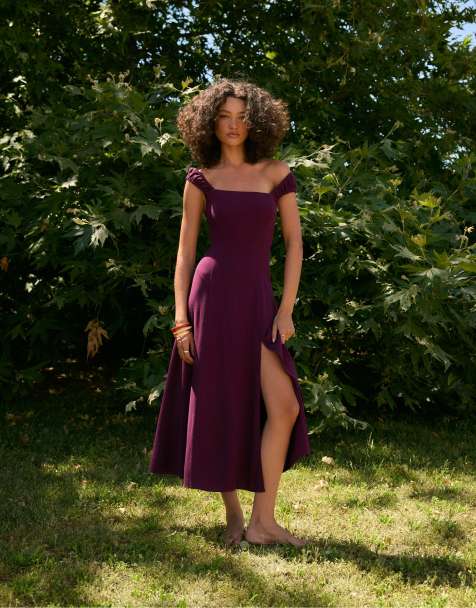 Stradivarius – Midikleid in Lila mit gebundener Rückseite - view 1