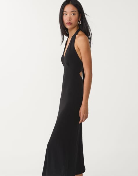 Stradivarius – Midikleid in Schwarz mit geknoteter Rückseite - view 1