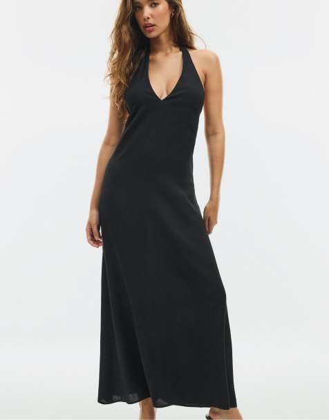 Stradivarius Midikleid mit Struktur und Neckholder in Schwarz - view 1