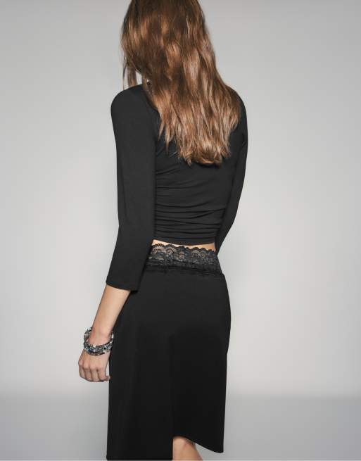 Stradivarius Midirock mit Spitzenbund in Schwarz, 3 von 7