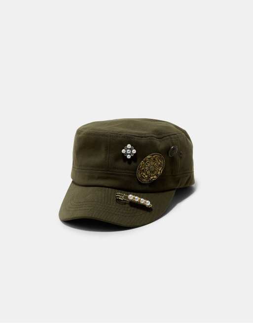 Stradivarius militärkeps med pärlor i khaki, 4 av 4