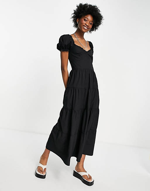  Stradivarius milkmaid poplin dress with puff sleeves in black 