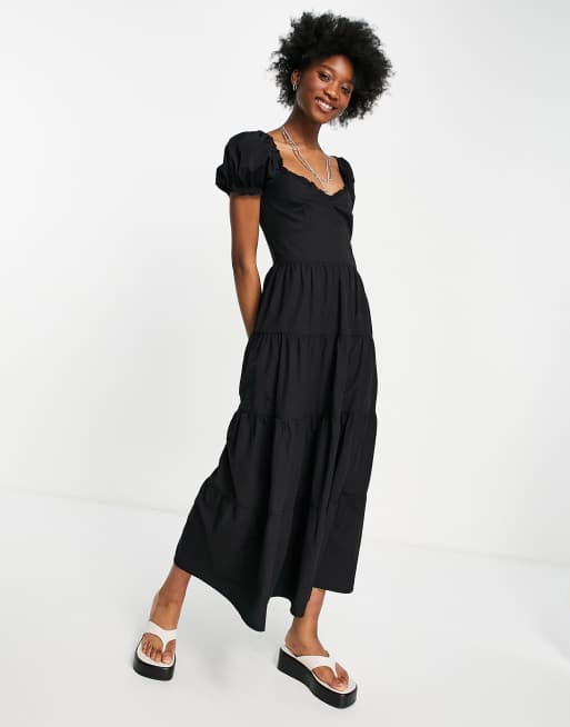 Stradivarius milkmaid poplin dress with puff sleeves in black | ASOS