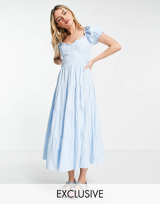 Stradivarius milkmaid poplin dress with puff sleeves in blue