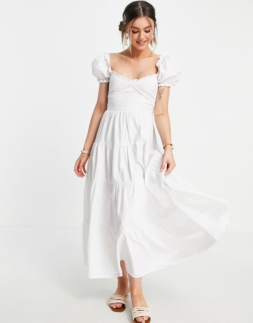 Stradivarius milkmaid poplin maxi dress with puff sleeves in white