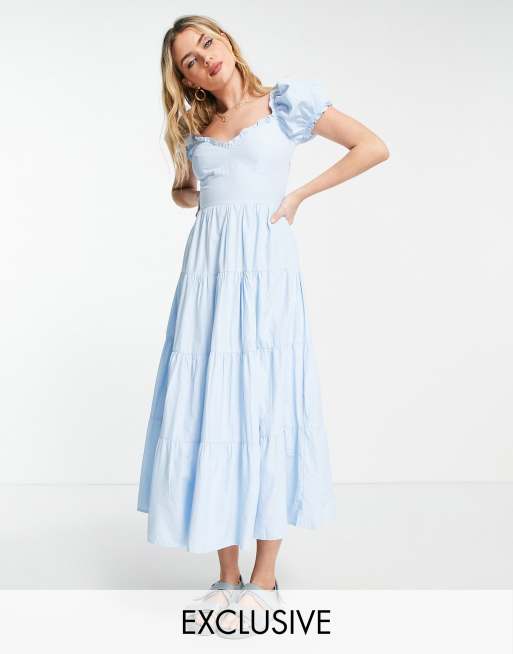 Stradivarius Milkmaid Poplin Dress With Puffed Sleeves In Blue Asos 