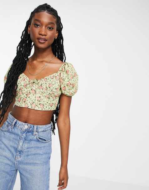Stradivarius milkmaid top in green floral - view 1