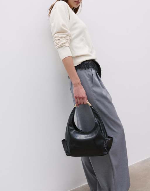 Stradivarius - Mini borsa da spalla nera con manico metallico, 2 di 2