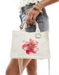 [Stradivarius] Stradivarius mini canvas bag with flower detail in ecru-Neutral No Size Ecru