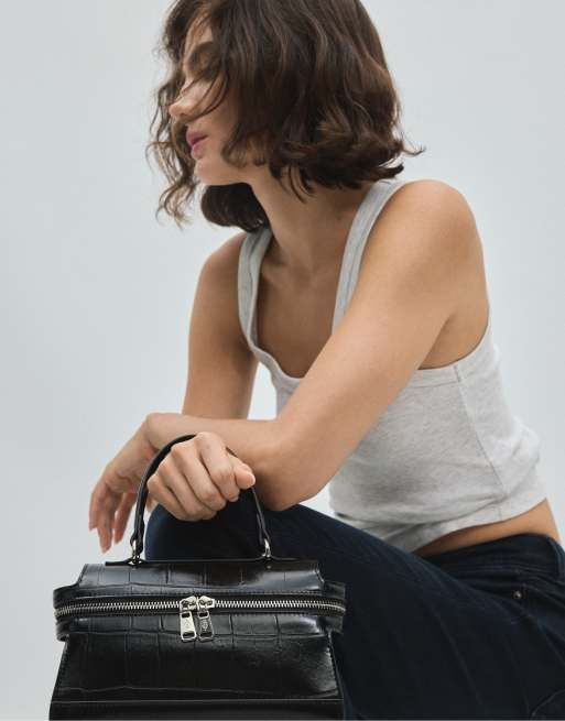 Stradivarius mini crossbody-taske med kokos-effekt i sort, 2 af 4