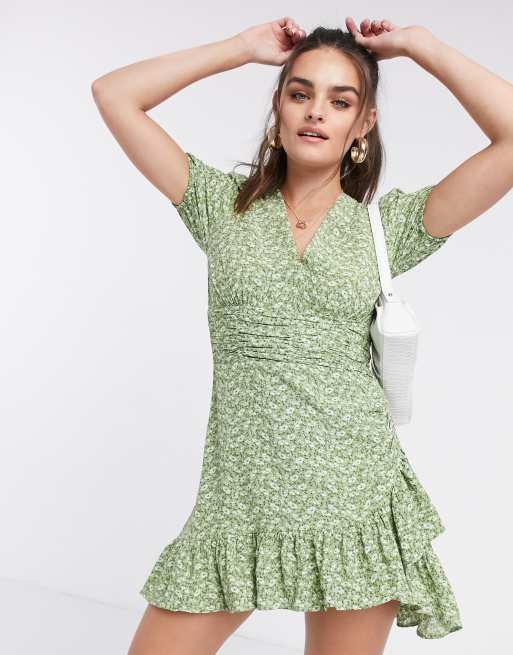 Stradivarius mini dress with frill in green | ASOS