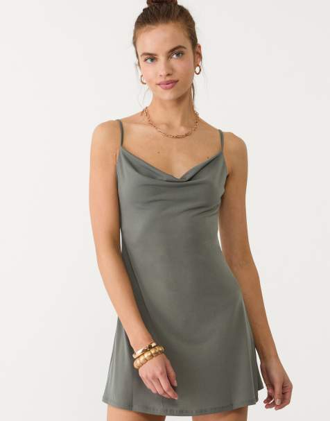 Stradivarius mini dress with neckline in khaki - view 1