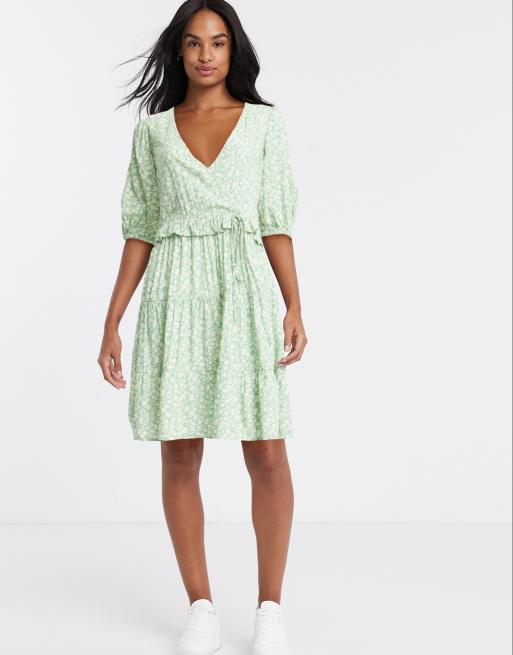 Stradivarius mini dress with puff sleeves in green floral print | ASOS
