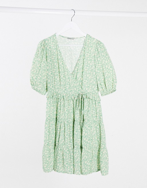 Stradivarius mini dress with puff sleeves in green floral print