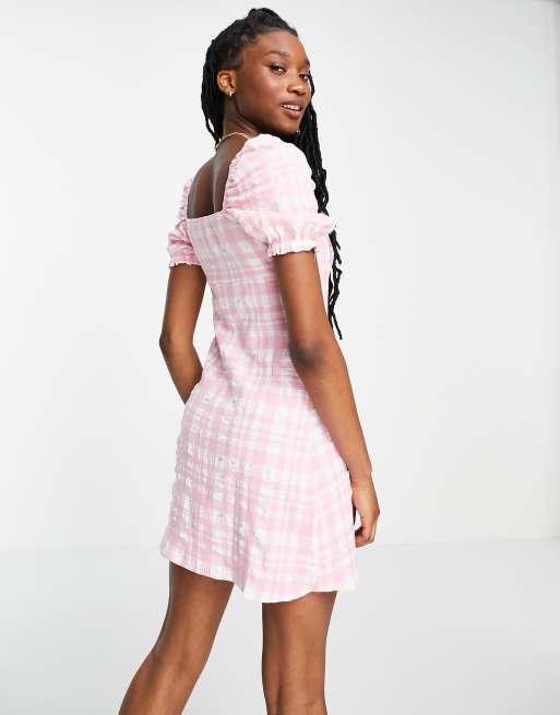 Stradivarius - Mini melkmeisjesjurk van seersucker-stof met split en ruiten in roze , 4 van 4